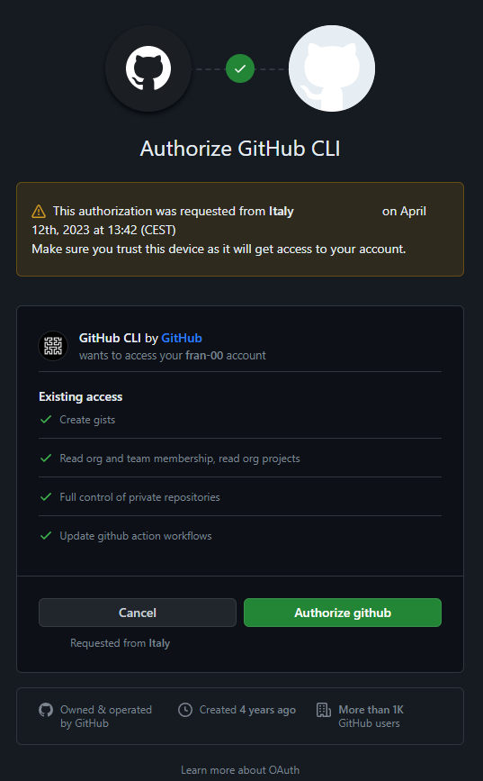 Authorizza GitHub CLI